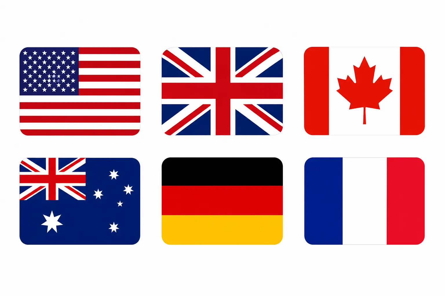 Flags of United States, United Kingdom, Canada, Australia, Germany and France representing supported cover letter country formats