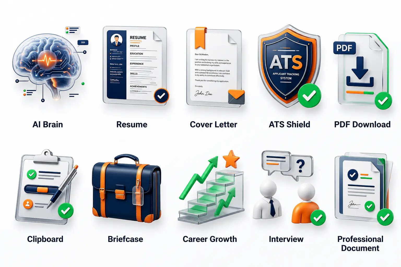 Icons representing AI-powered resume and cover letter tools: resume, cover letter, ATS shield, PDF download, briefcase, career growth, interview and professional documents