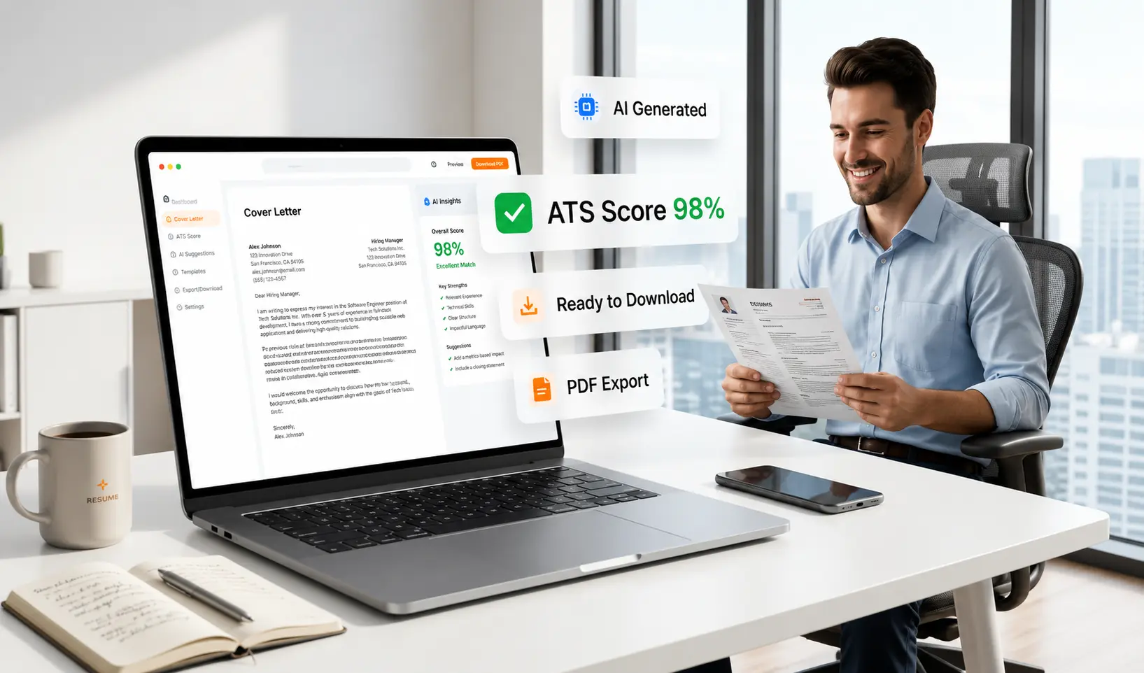 Job seeker happily reviewing an AI-generated, ATS-optimized cover letter ready to download as PDF